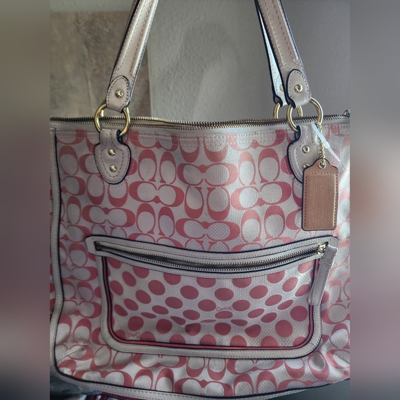 Coach Handbags - GUC Coach Dot Hallie Tote Melon & Ivory Fabric w/Ivory Leather Trim Pockets